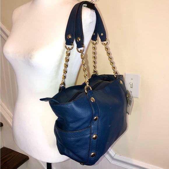 MICHAEL KORS Gold Studded Navy Blue Tumbled Leather Side Pocket Shoulder Bag NWT - Picture 6 of 16